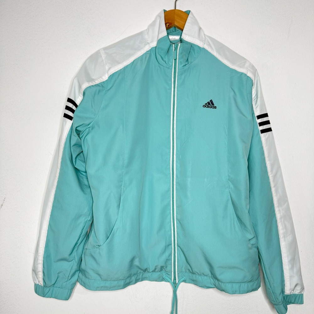 Adidas Womens Large Windbreaker Jacket Teal Green Full Zip 3 Stripe Sporty Y2K